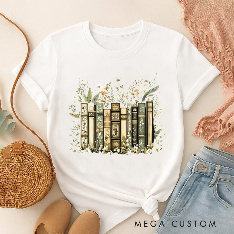 Personalized Flower Books Classic T-Shirts Floral Book Shirt with Name Librarian Tee for Book Lover Bookworm Girlfriend Wife Women Gift