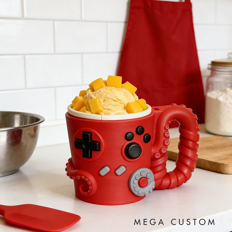 Personalized Couple Octopus Controller Gamer Ice Cream Pint Holder with Spoon Slots Eco-Friendly 3D Print for Game Lovers