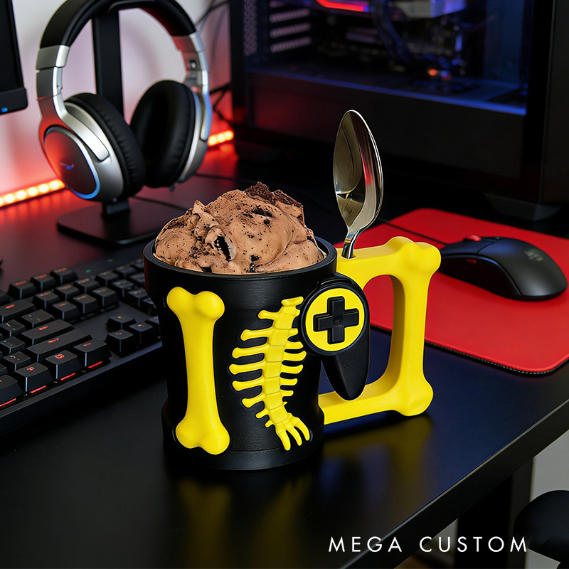Personalized Couple Dinosaur Bone Controller Gamer Ice Cream Pint Holder with Spoon Slots Eco-Friendly 3D Print for Game Lovers