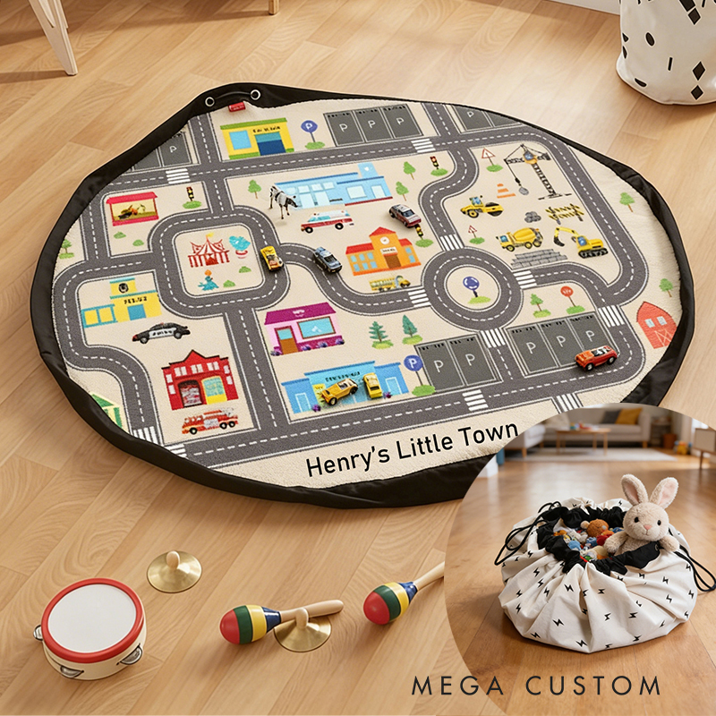 Personalized Car Themed Play Mat & Toy Storage Bag Custom Name 2-in-1 Activity Blanket for Kids