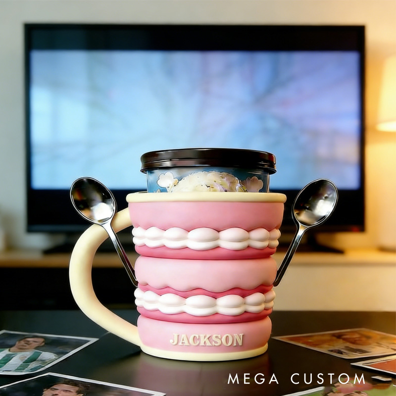 Personalized Adorable Macaron Ice Cream Cozy Pint Holder 3D Printed with Spoon Slots for Mom Kids Ice Cream Lover