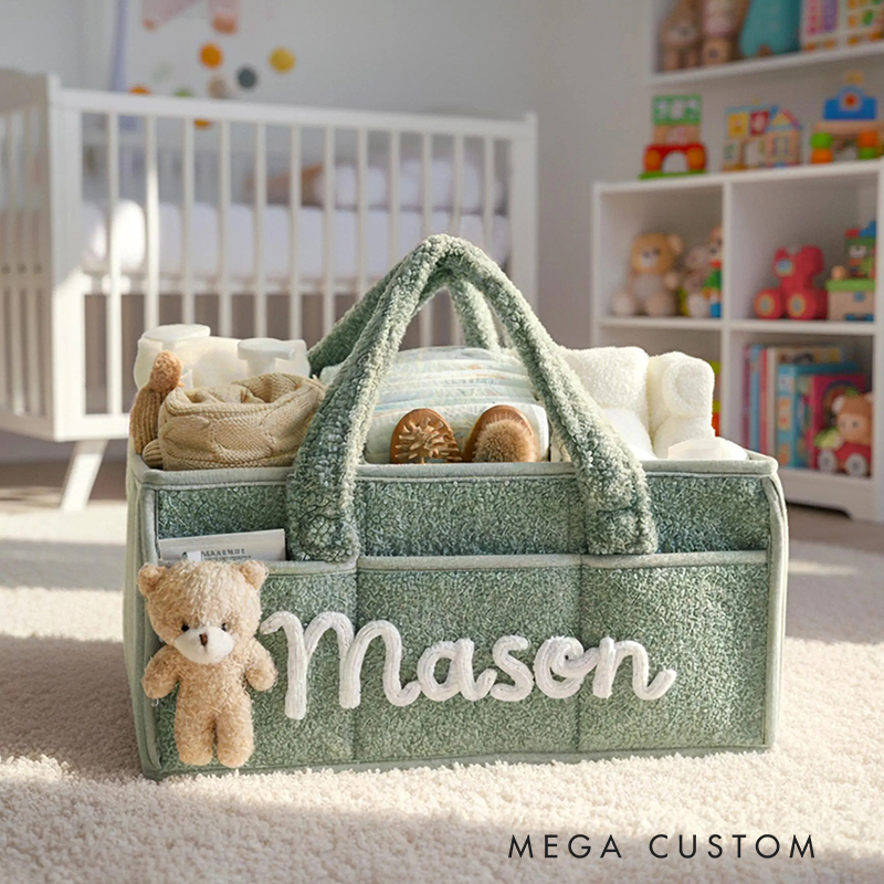 Personalized Plush Baby Storage Basket Soft Bin Side Pockets Custom Nursery Organizer with Bear