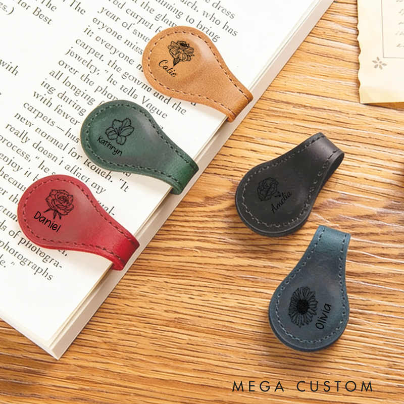 Personalized PU Leather Birth Flower Magnetic Bookmark Clip with Name Birthday Gift for Bookworm Book Lover