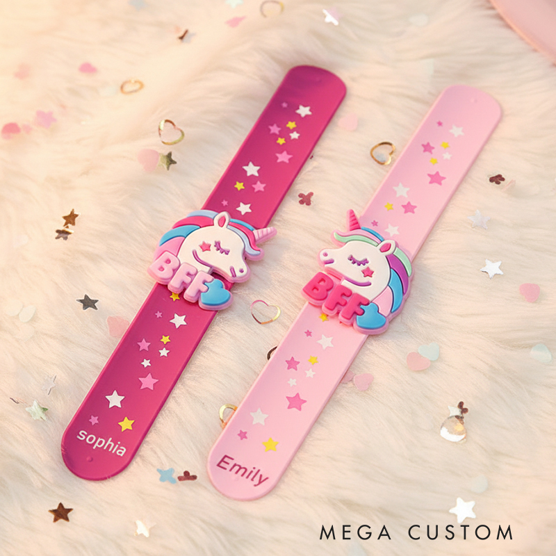 Personalized Unicorn BFF Slap On Bracelet Set Custom Name Friendship Gift for Kids Pair Design