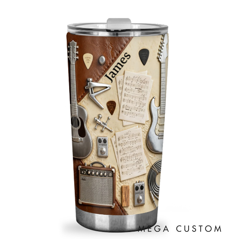Personalized 2D Flat Vintage Music Notes 20oz Tumbler Custom Guitar Themed Tumbler for Music Lovers