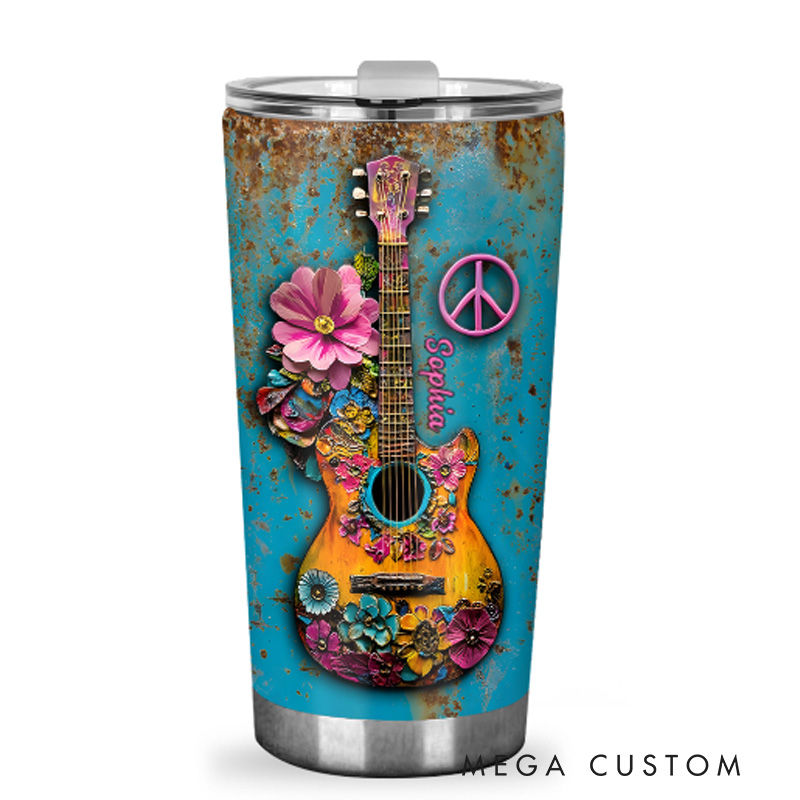 Personalized 2D Flat Peaceful Guitar Vibes 20oz Tumbler Custom Hippie Themed Tumbler for Music Lovers