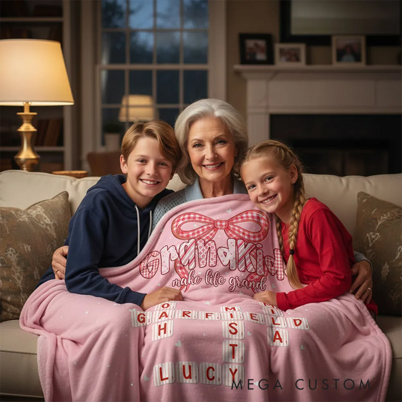Personalized Grandkids Make Life Grand Blanket Preppy Valentine Pattern Crossword Puzzle Art Valentine's Day Gift for Grandma