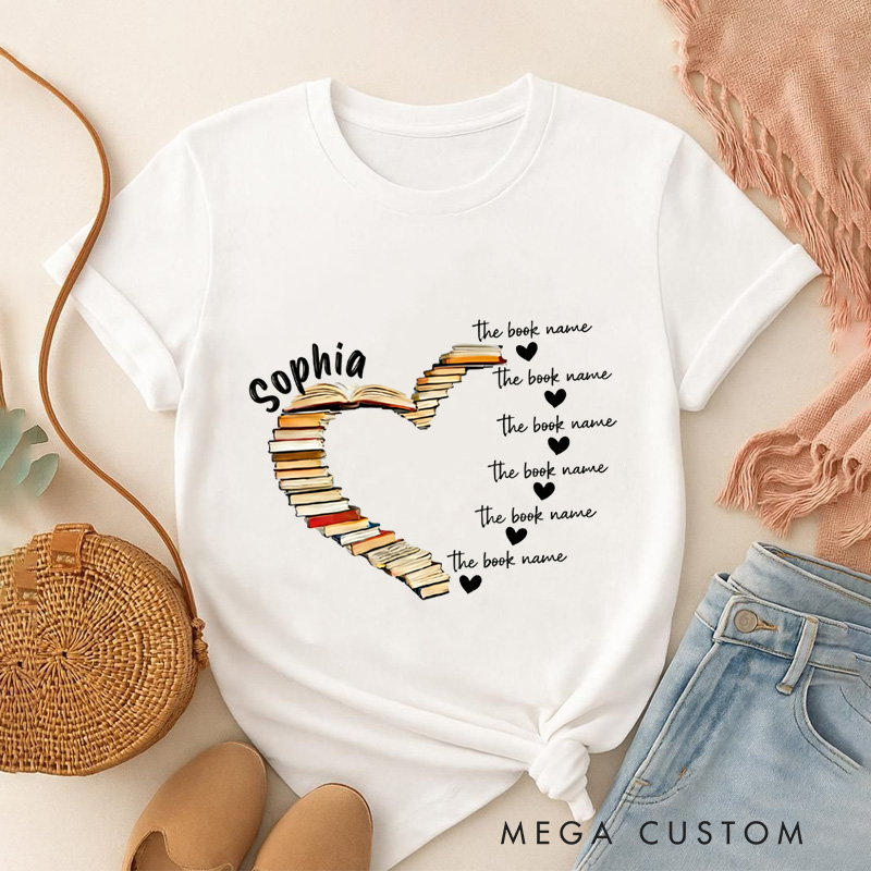 Personalized Book Heart Classic T-Shirts with Name Book Lover Tee for Book Lover Bookworm Girlfriend Wife Women Gift