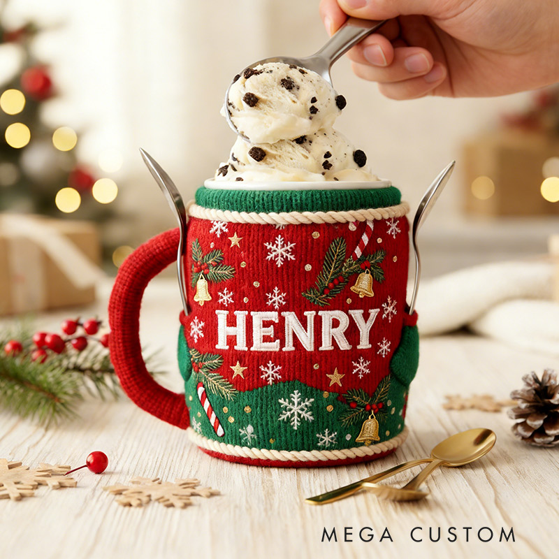 Personalized Knit Ice Cream Cozy Holder with Spoon Slots Gift for Mom Kids Ice Cream Lover