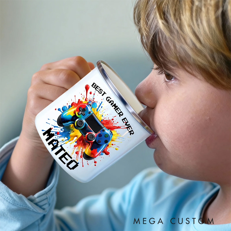 Personalized Watercor Ink Splash Controller 12oz Enamel Mug with Initial and Name Back to School Birthday Game Lover Gift for Kids