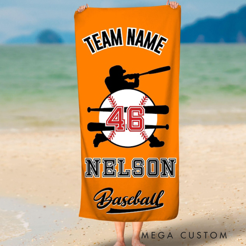 Personalized Baseball Beach Towel with Custom Team Name Player Name Number and Stylish Design