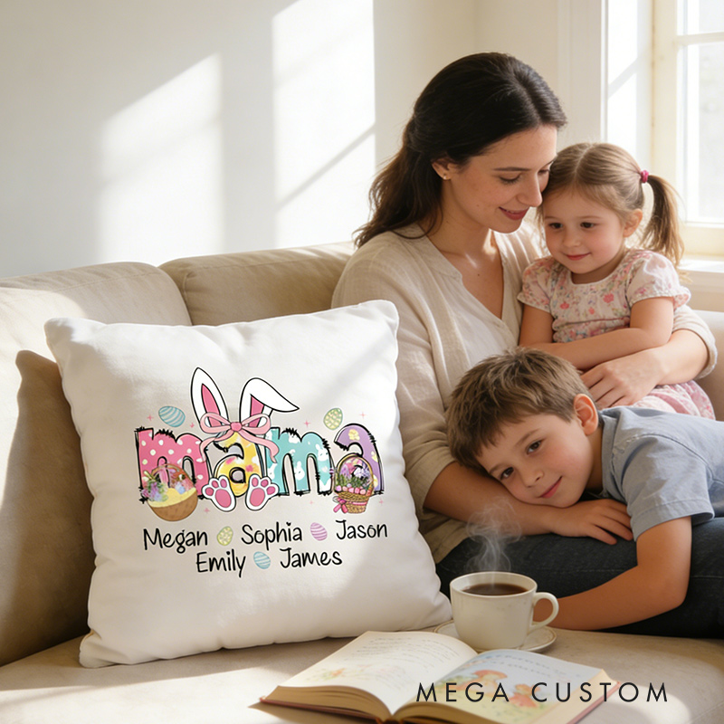 Personalized Mama Easter Pillow with Kids Names Custom Double Side Bunny Pillow Easter Gift for Mom Kids