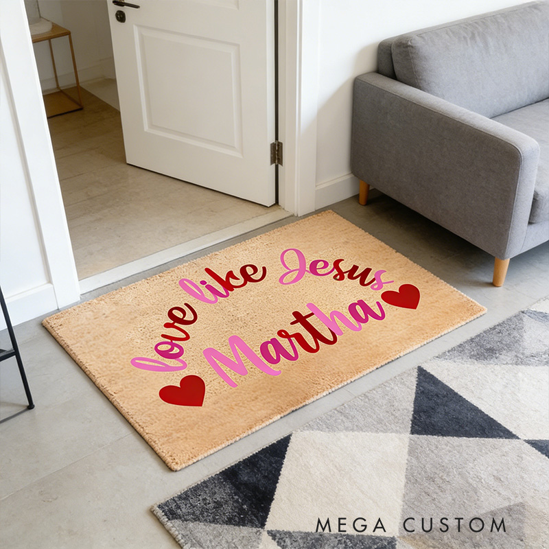 Personalized Love Like Jesus Valentines Doormat with Custom Name Non-Slip Valentines Day Decor Welcome Mat Religious Housewarming Gift Valentines Gift