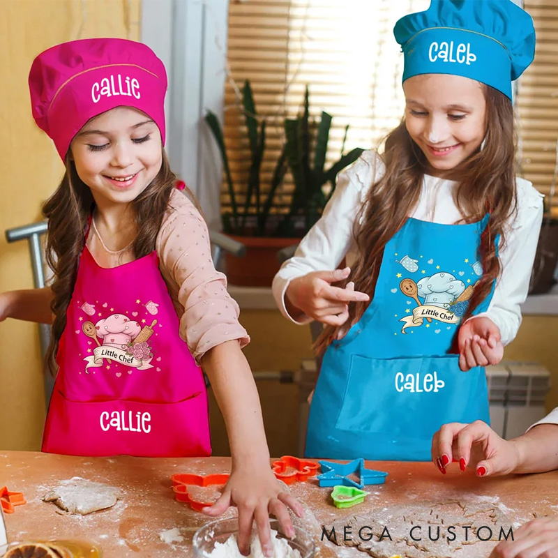 Personalized Little Chef Adjustable Kid Apron Chef Hat Set with Name and Pocket Cooking Accessory Birthday Valentine's Day Gift for Boys Girls