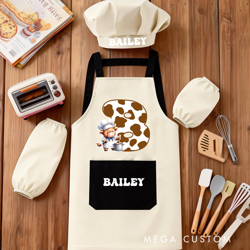Personalized Highland Cow Kid Baking Apron with Name Initial Set of 3 Waterproof Apron with Hat Sleeve Birthday Gift for Kids
