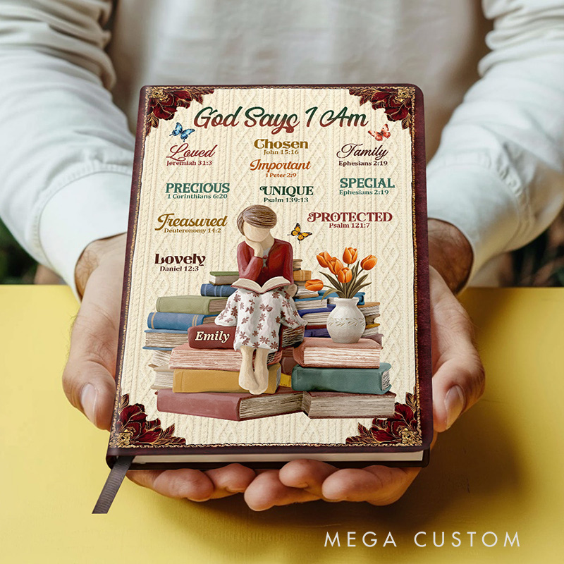 Personalized God Says I Am Leather Cover Notebook with Custom Name and Birth Flower Biblical Affirmations Journal Religious Christian Gift for Women