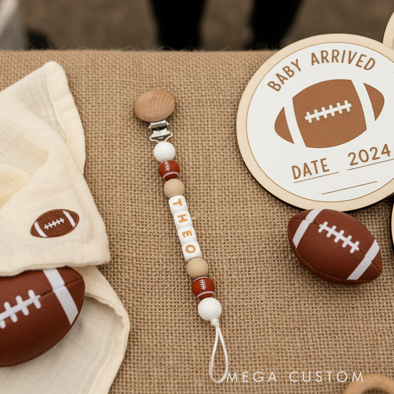 Personalized Football Pacifier Clip Add Newborn Baby Boy or Girl Name Custom Baby Shower New Football Mom Gift