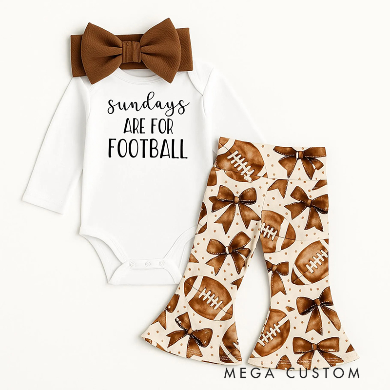 Football-Themed Baby Outfit Set Bell Bottoms Bodysuit & Bow for Game Day Style
