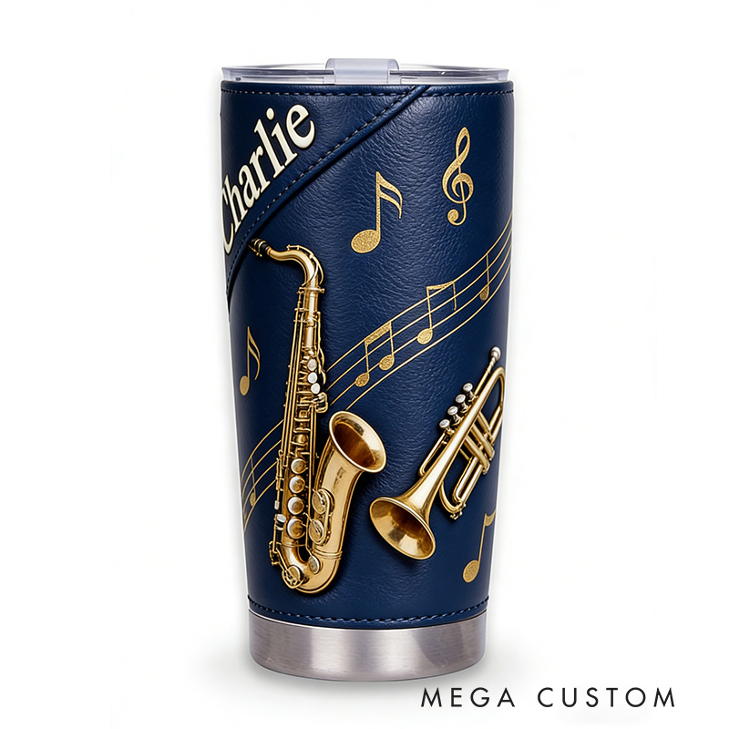 Personalized 2D Flat Golden Jazz Harmony 20oz Tumbler Custom Saxophone Themed Tumbler for Music Lovers