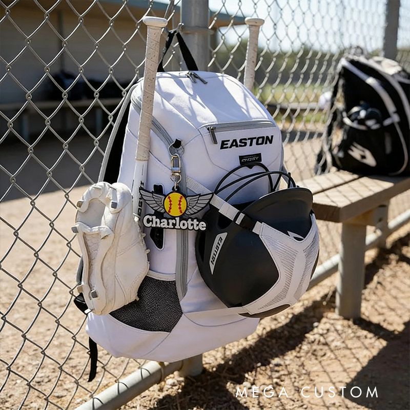 Personalized Winged Softball Keychain with Custom Name Design