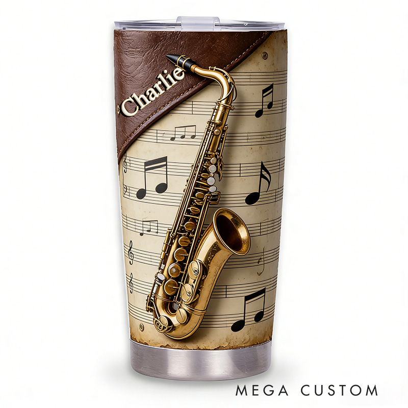 Personalized 2D Flat Golden Melody 20oz Tumbler Custom Saxophone Themed Tumbler for Music Lovers