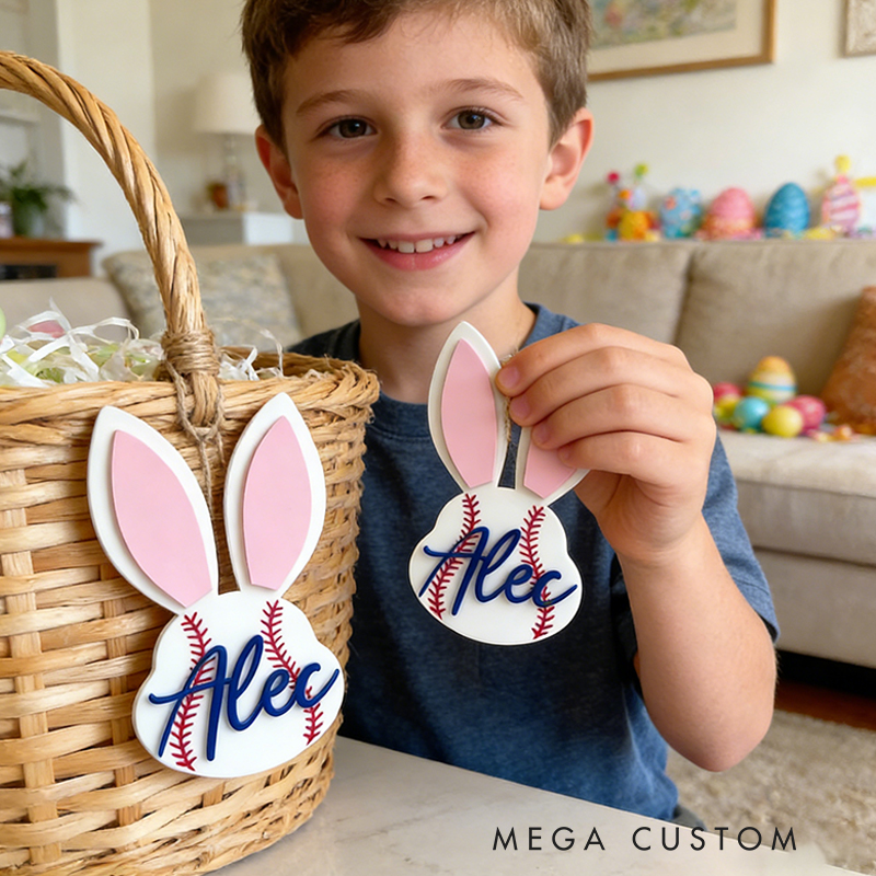 Personalized Baseball Easter Basket Tag Custom Name Bunny Label Gift for Kids on Easter Day