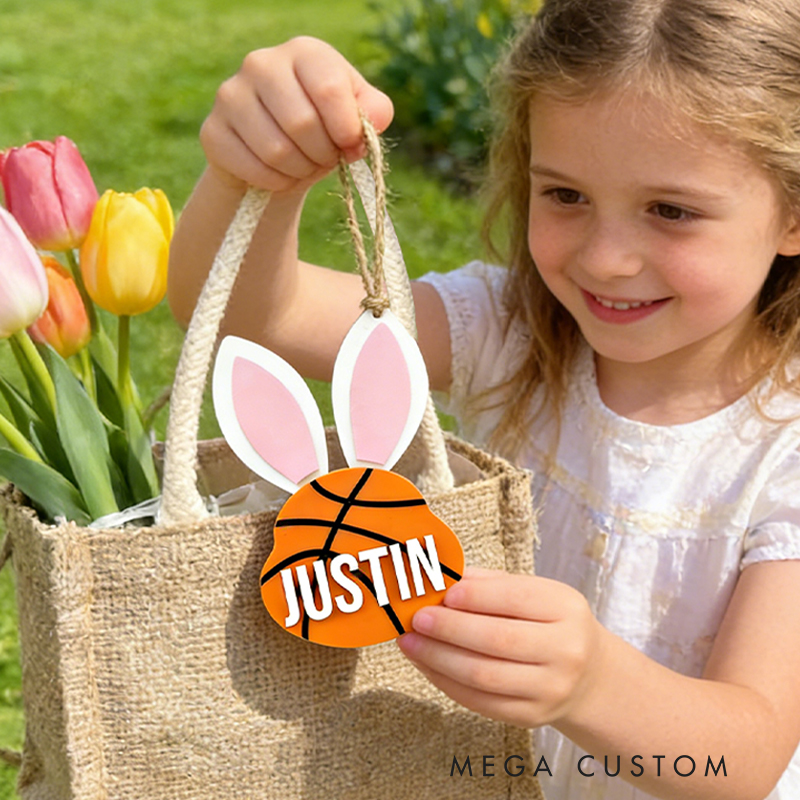 Personalized Basketball Easter Basket Tag Custom Name Bunny Label Gift for Kids on Easter Day