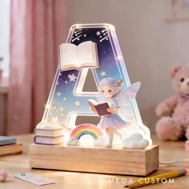 Personalized Reading Fairy LED Night Light Custom 26 Letter Lamp for Room Decor Unique Birthday Gift for Book Lover Girls Bedroom Decoration