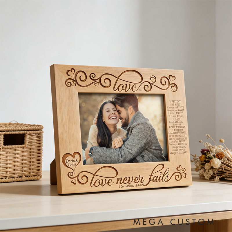 Personalized Love Never Fails Picture Frame with Custom Names Christian Corinthians 13:4-8 Picture Frame Wedding Gift Valentines Day Gift for Couple