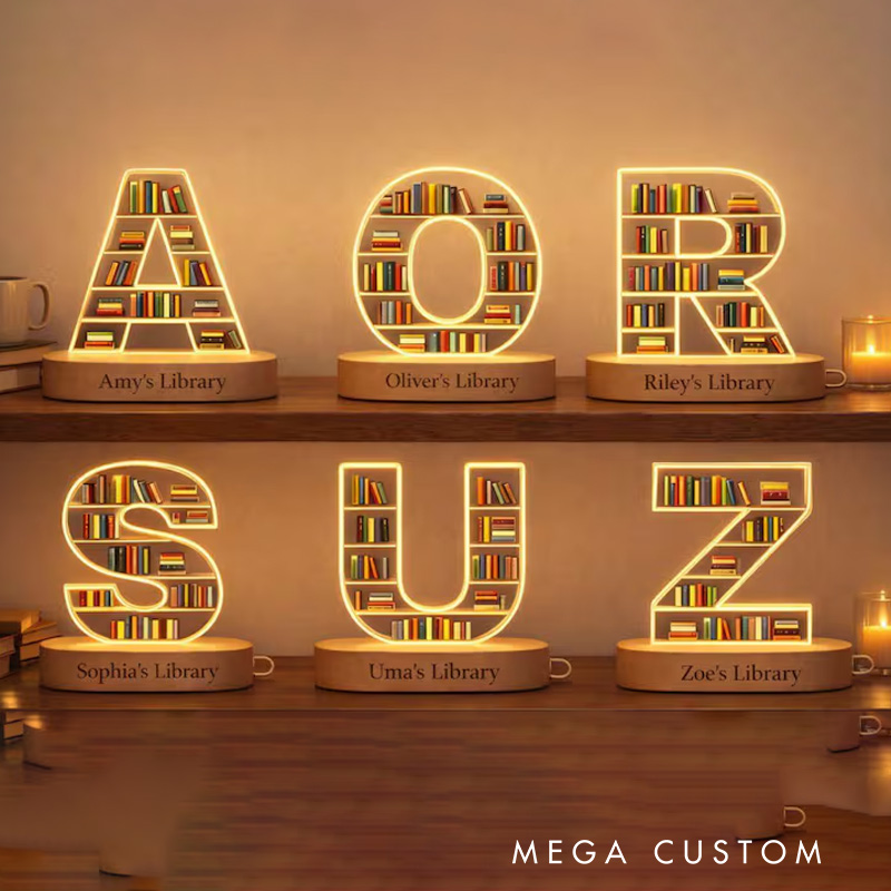Personalized Initial Book Shelf LED Light Letter Bookcase Night Light with Name Library LED Lamp for Book Lover Bookworm Librarian Gift