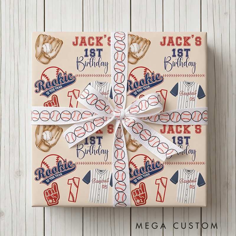 Personalized 1st Birthday Gift Wrap Custom Name Baseball Theme Wrapping Paper with Matching Ribbon Rookie of the Year First Birthday Gift Wrap 3 Sizes