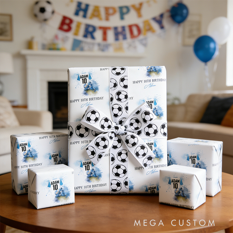 Personalized Soccer Gift Wrap Custom Name Message and Jersey Number Wrapping Paper with Matching Ribbon 3 Sizes 2 Finish