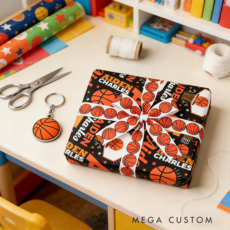 Personalized Basketball Gift Wrap Custom Name Wrapping Paper with Matching Ribbon 3 Sizes and 2 Finish for Sports Lovers
