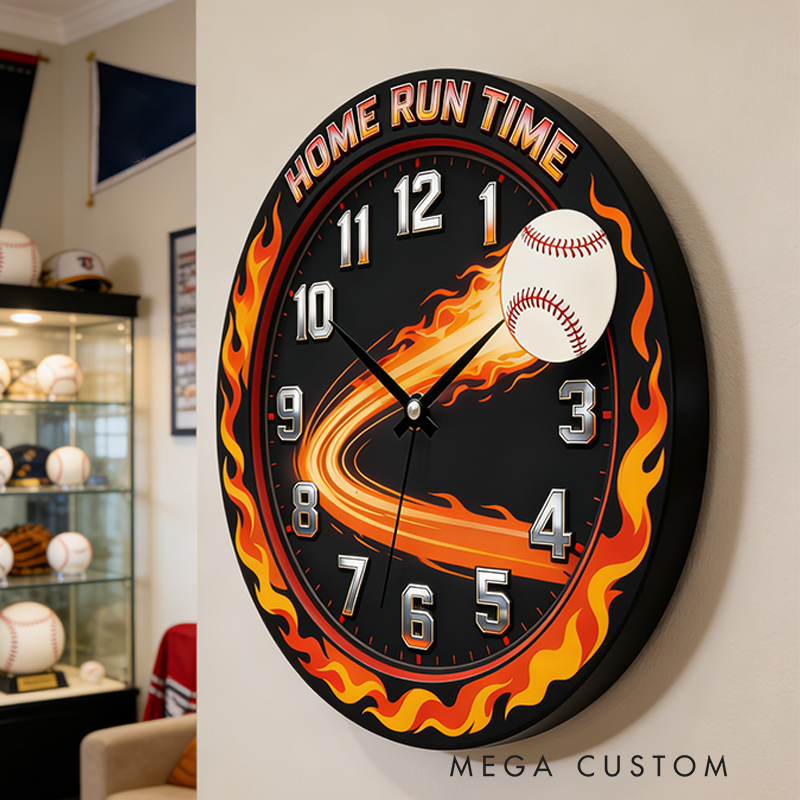 Personalized Home Run Time Clock with Fiery Baseball Design for Baseball Enthusiasts