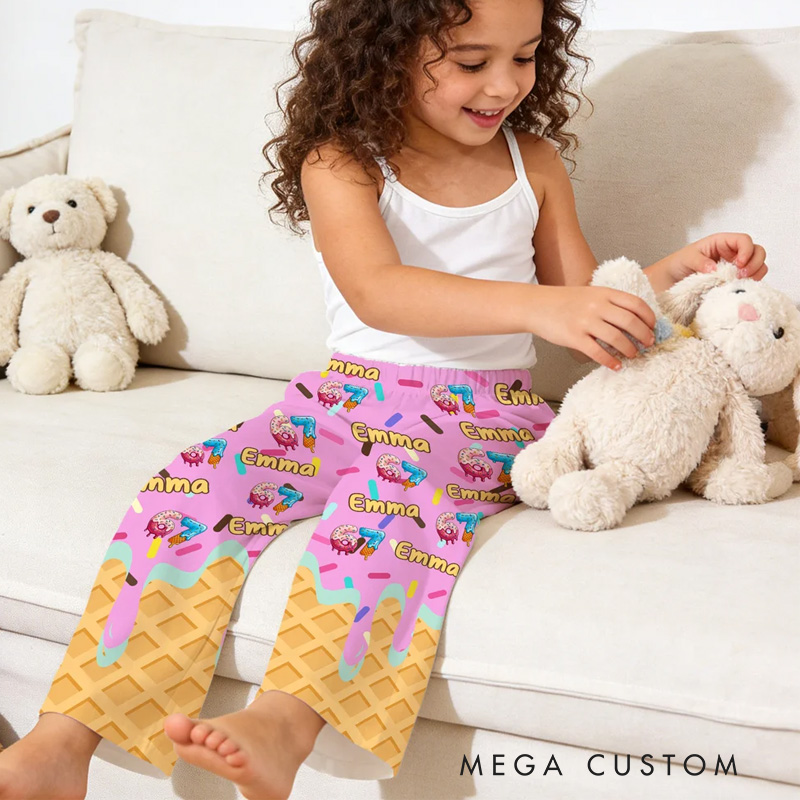 Personalized Ice-Cream Pajama Pants 67 Name Multicolor Kid Woman Man with Drawstring Daily Wear Birthday Gift for Family Friend