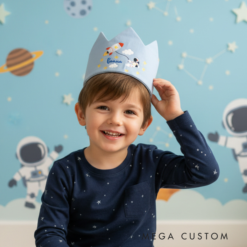 Personalized Astronaut Linen Crown Custom Embroidered Adjustable Kids' Birthday Party Hat