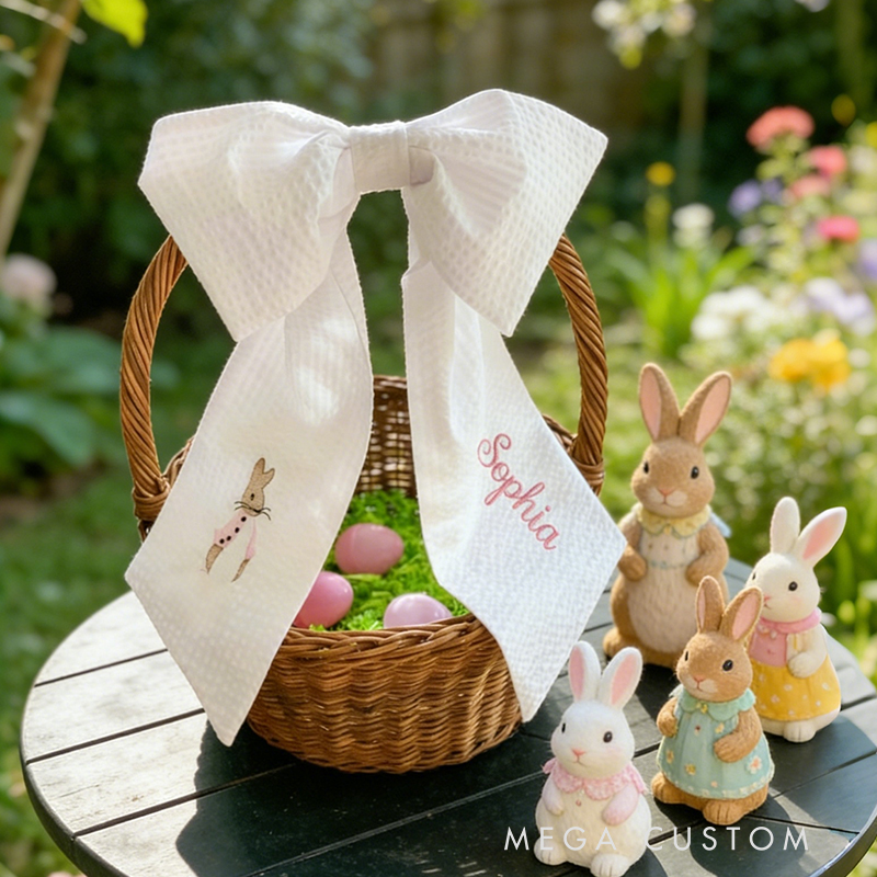 Personalized Easter Basket Bow Custom Name Fabric Decoration for Kids' Holiday Baskets Perfect Easter, strollers, baby carriers, baby showers, wedding, gifts and more