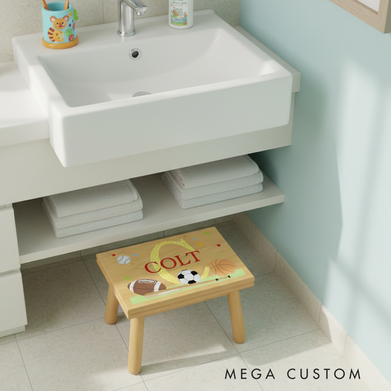 Personalized Sports-Themed Children's Step Stool  Custom Name Kids' Step Stool for Playroom and Decor