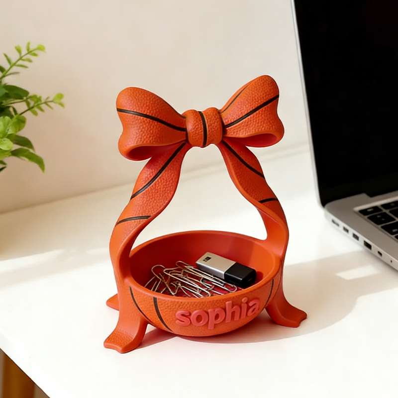 Personalized Bow Basketball Jewelry Holder with Custom Name and Bow Design for Girls and Teens 