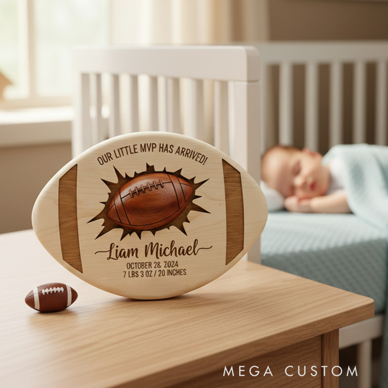 Personalized Football Themed Wooden Birth Announcement Sign Custom Engraved or DIY Fillable Keepsake for Newborns