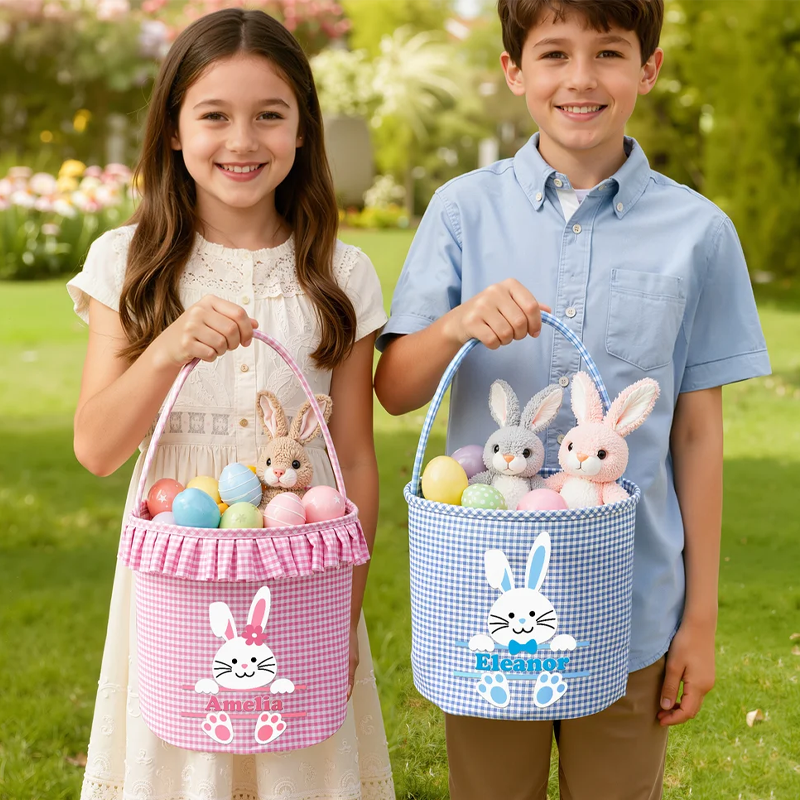 Personalized Cute Bunny Plaid Easter Basket with Name Easter Eggs Hunting Easter Day Gift for Boys Girls