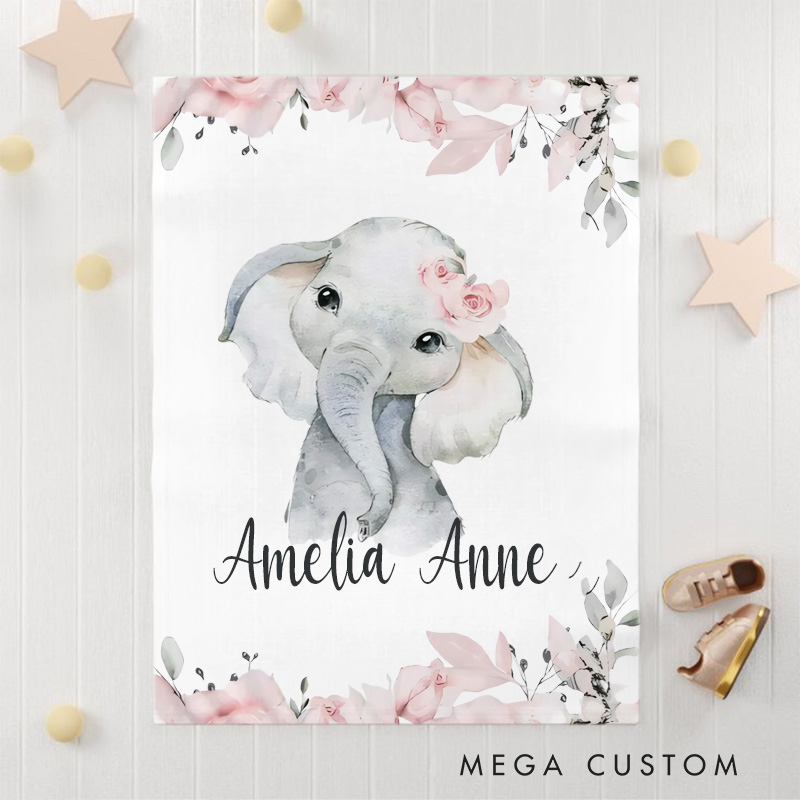 Personalized Ink Floral Elephant Baby Blanket Floral Baby Gift Baby Shower Gift