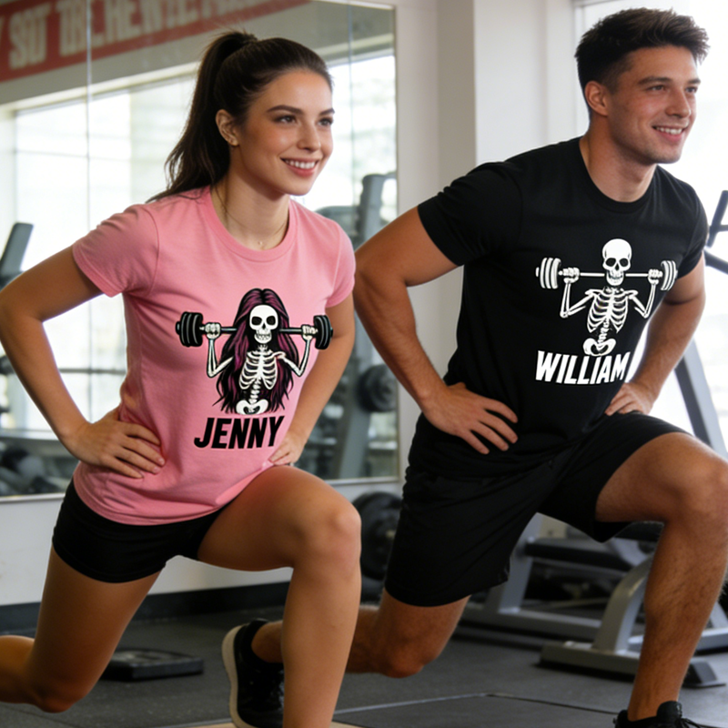 Personalized Deadlift Skeleton Couple Classic T-Shirt with Name Weightlifting Gift Bodybuilding Powerlifting for Gym Lover