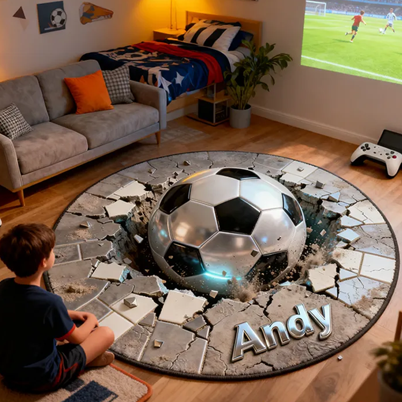Personalized Soccer Rug with Cracked Floor Design Dynamic 3D Effects and Custom Name