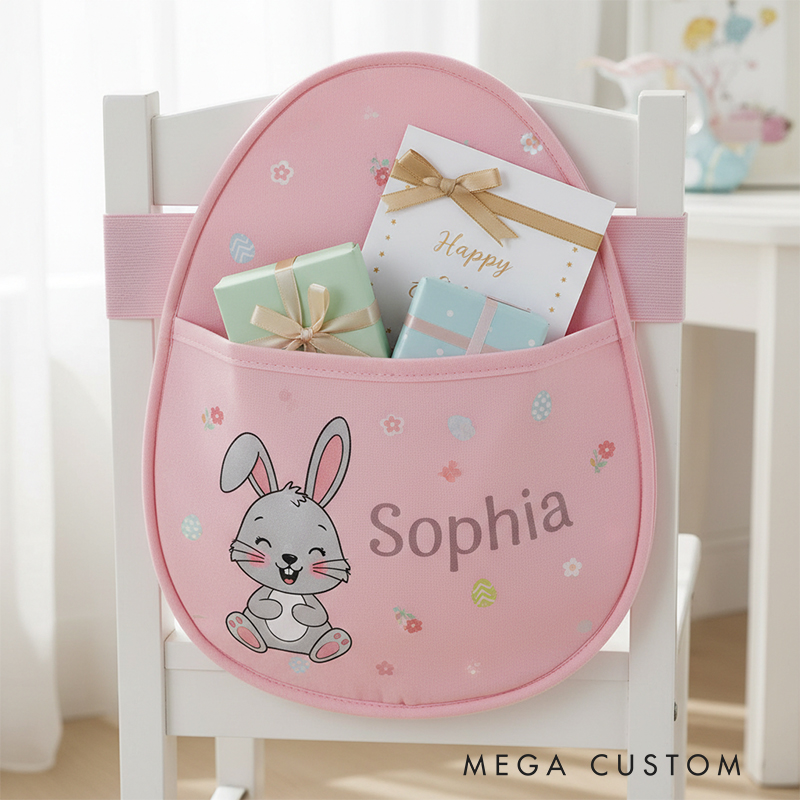 Personalized Bunny Easter Chair Back Pocket Custom Name Storage for Eggs Gifts and Cards Perfect Gift For Easter