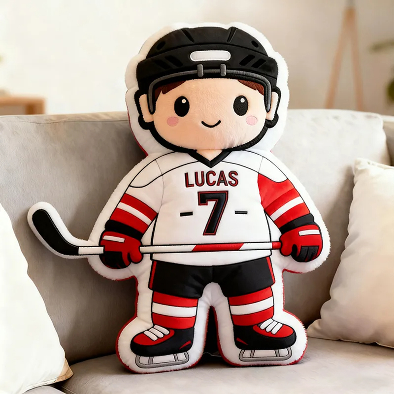 Personalized Cute Ice Hockey Themed Pillow with Custom Name and Jersey Number for Kids and Fans 