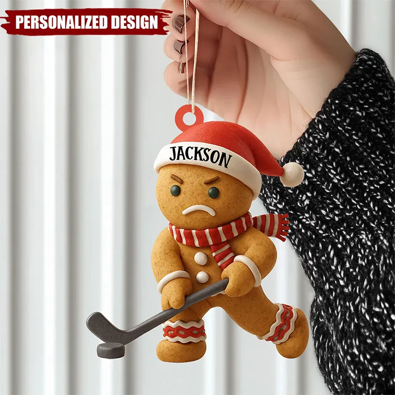 Personalized Acrylic Gingerbread Hockey Christmas Ornament with Custom Name  
