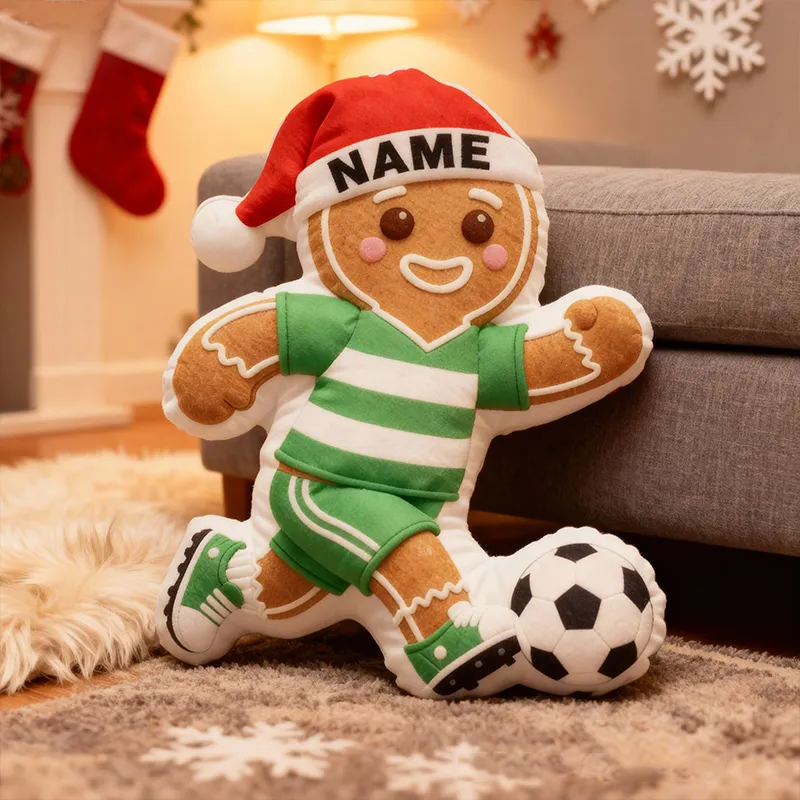 Personalized Gingerbread Soccer Player Pillow with Custom Name and Festive Design