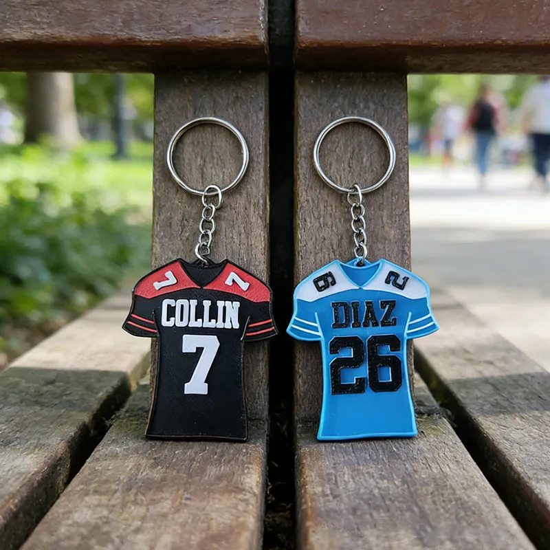 Personalized Football Jersey Keychains Featuring Custom Names and Numbers Design