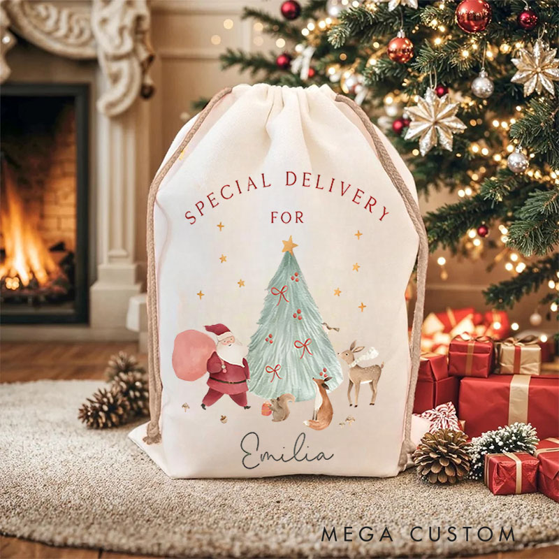 Personalized Santa and Reindeer Christmas Bag with Special Delivery Message and Name for a Magical Holiday